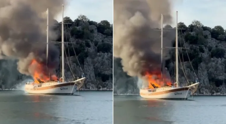 Antalya Kekova açıklarında yat alev alev yandı