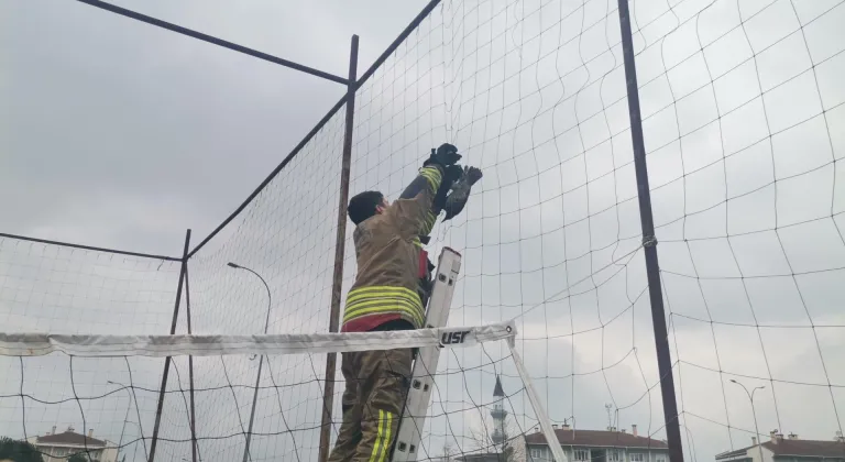 Düzce'de basket sahasında fileye dolanan kargayı itfaiye kurtardı